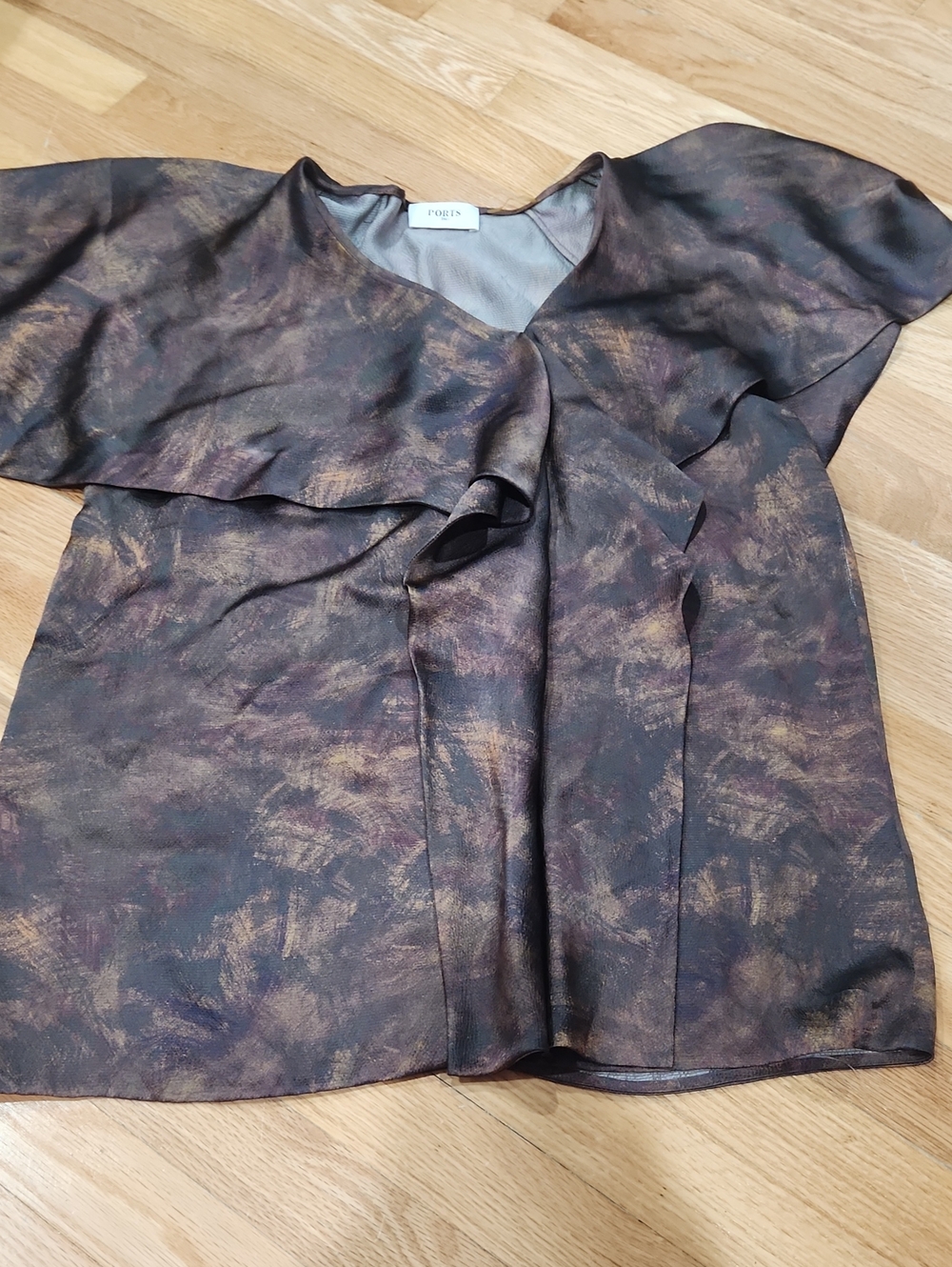 Ports 1961 Brown and Gold Brushstroke 100% Silk Blouse